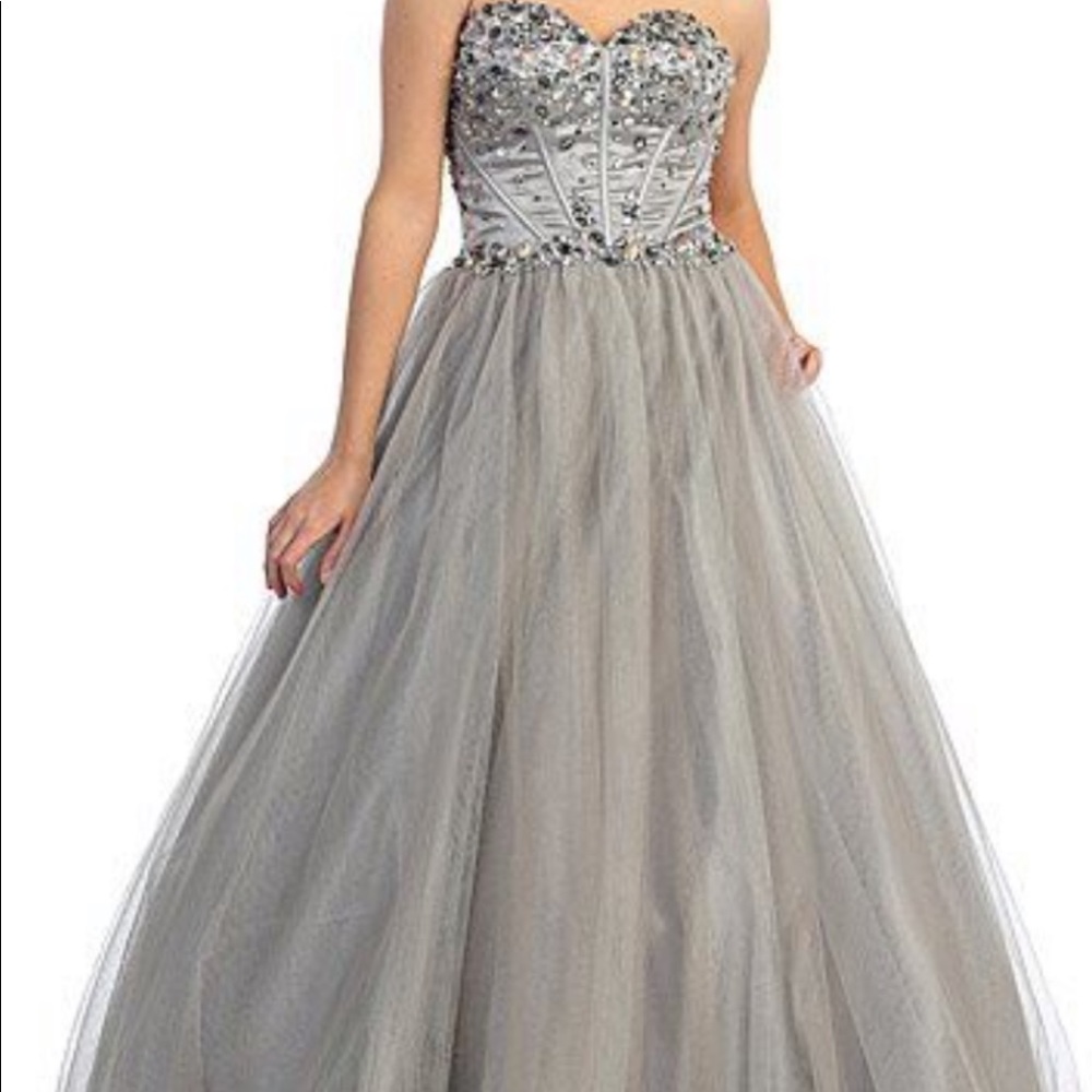 Gorgeous silver jeweled bodice tulle ballgown New